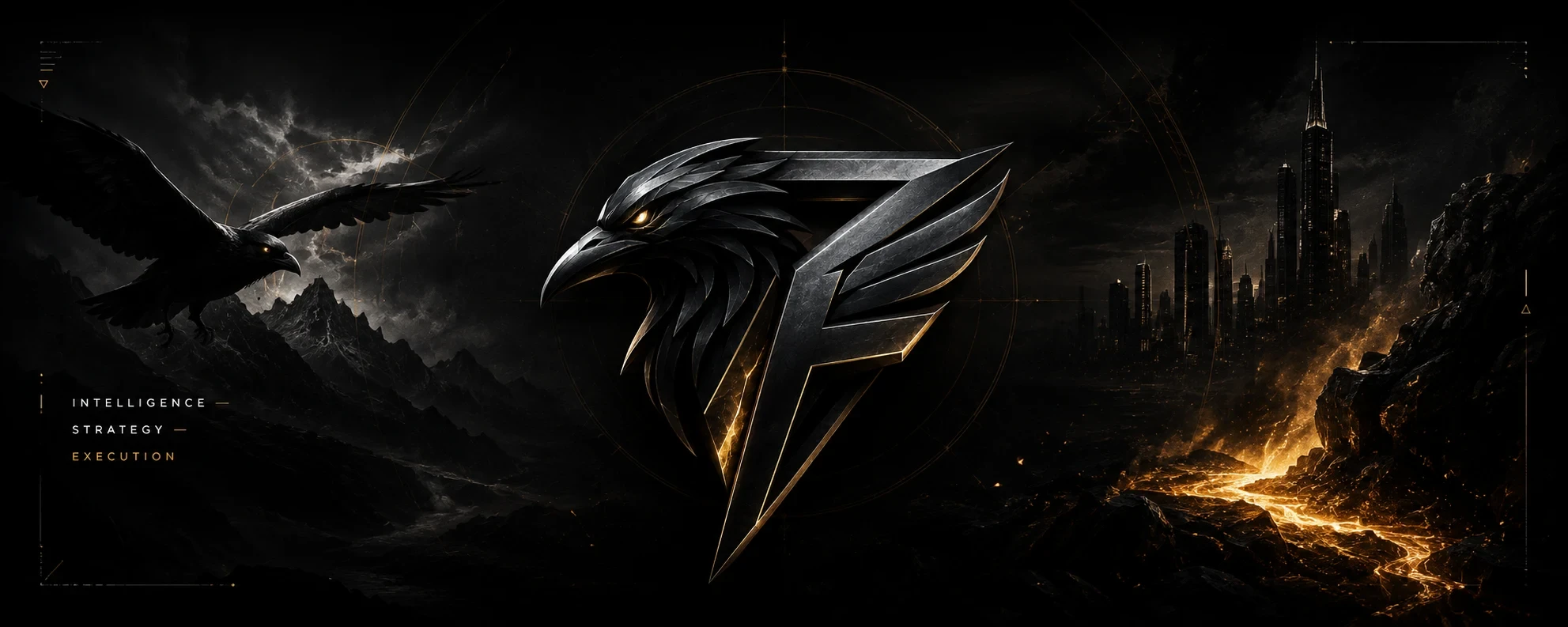 The RavenForge emblem set between a storm-lit mountain ridge and a molten city